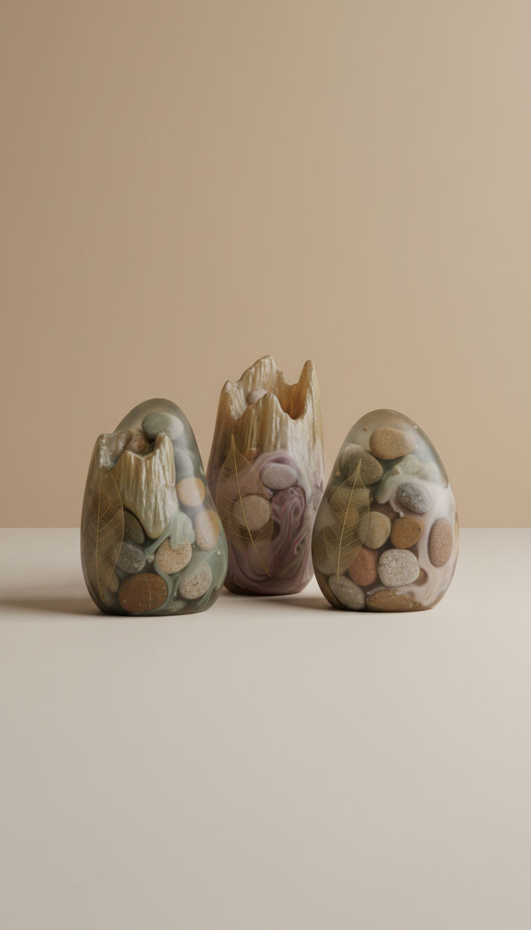 Organic Form Resin Sculpture with Natural Inclusions