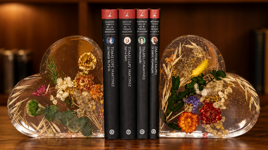 Sujetalibros corazón botánico con libros